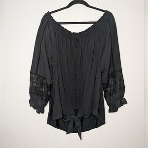 INC International Concepts Black Lace Detail Off Shoulder Tie Blouse XXL NWT